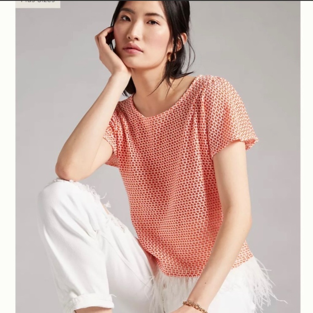 NWOT Eva Franco Anthropologie Women’s Feathered Trim Orange Open Knit Shirt XS